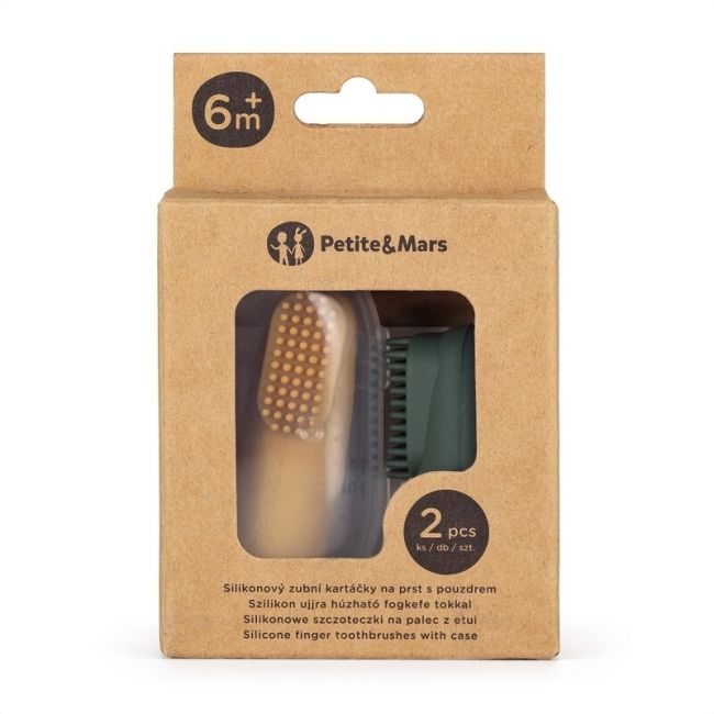 Set 2 periute de dinti pentru deget, Petite&Mars, Cu peri moi, Silicon, Include cutie depozitare, 0 luni+, Galben/Verde BYN720813