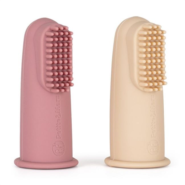 Set 2 periute de dinti pentru deget, Petite&Mars, Cu peri moi, Silicon, Include cutie depozitare, 0 luni+, Roz/Bej BYN720814