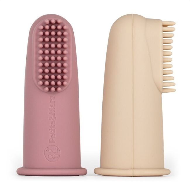 Set 2 periute de dinti pentru deget, Petite&Mars, Cu peri moi, Silicon, Include cutie depozitare, 0 luni+, Roz/Bej BYN720814