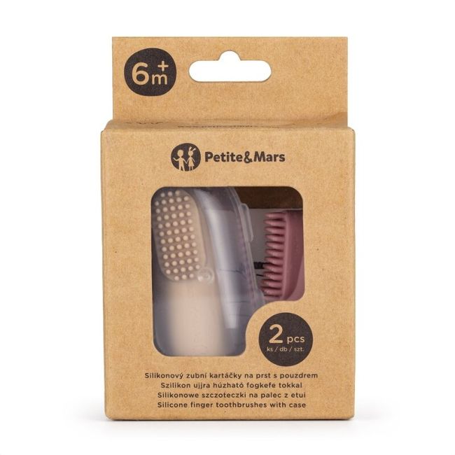 Set 2 periute de dinti pentru deget, Petite&Mars, Cu peri moi, Silicon, Include cutie depozitare, 0 luni+, Roz/Bej BYN720814