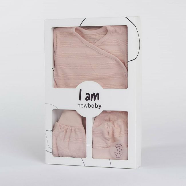 Set 3 piese, New Baby, Include body cu maneca lunga, pantalonasi cu botosei, caciulita, Marime 62, Din bumbac 100%, I am Pink BYN49087