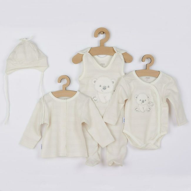Set 4 piese, New Baby, Include bluza, body cu maneca lunga, salopeta fara maneci, caciulita, Marime 56, Din bumbac 100%, Sweet Bear Beige BYN41168