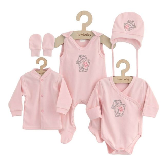Set 5 piese, New Baby, Include Salopeta fara maneci, jacheta, body cu maneca lunga, caciulita, manusi, Marime 50, Din bumbac 100%, Classic Pink BYN49988