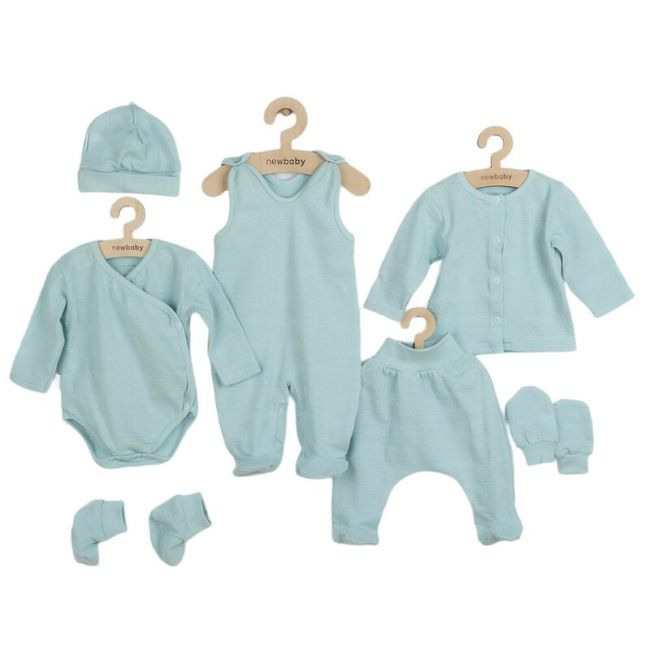 Set 7 piese, New Baby, Include body cu maneca lunga, bluza, pantalonasi cu botosei, salopeta fara maneci, caciulita, manusi, botosei, Marime 56, Din bumbac 100%, I am Blue BYN49100