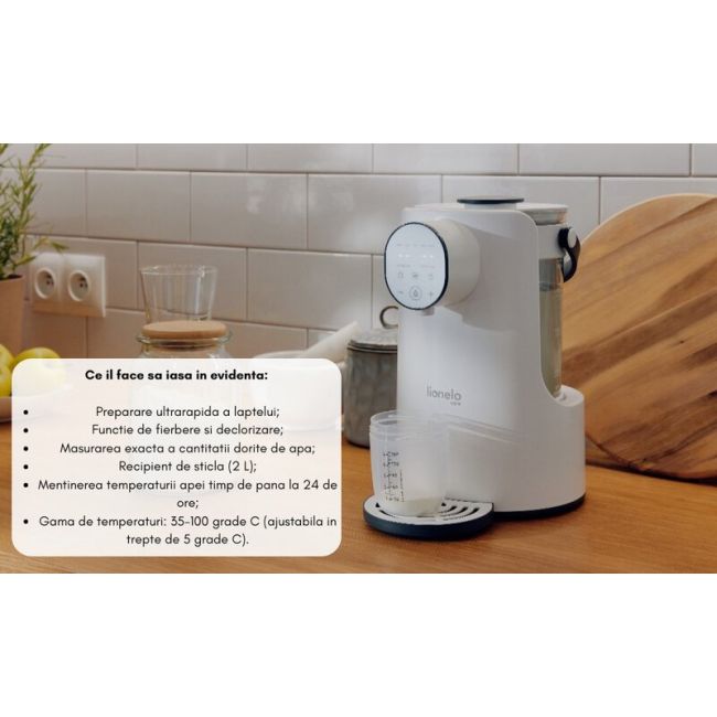 Espressor pentru lapte praf, Lionelo, Baby Presto, Functie declorizare si dozare a apei, Cu afisaj digital LED, Cu rezervor de 2 L, Alb BYNLOC-BABYPRESTO
