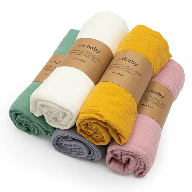 Paturica moale bebe, New Baby, Cu multiple intrebuintari, 60x60 cm, Din muselina, 100% bumbac, Mustard BYN53553