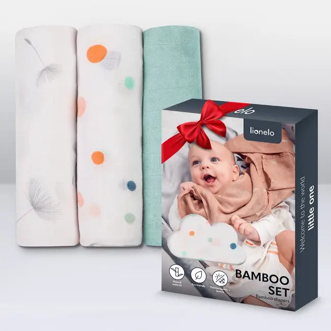 Set 3 museline, Lionelo, Dot, Multifunctionale, Din bambus, Ideale pentru infasat, Cu proprietati antibacteriene, antifungice si antialergice, Lavabile la masina de spalat, 70x70 cm, Multicolor BYNLO-BAMBOO_SET_DOT