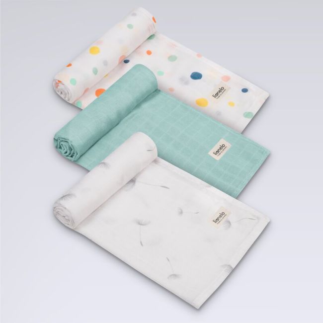 Set 3 museline, Lionelo, Dot, Multifunctionale, Din bambus, Ideale pentru infasat, Cu proprietati antibacteriene, antifungice si antialergice, Lavabile la masina de spalat, 70x70 cm, Multicolor BYNLO-BAMBOO_SET_DOT