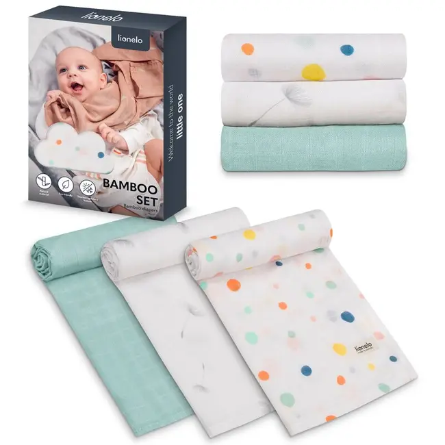 Set 3 museline, Lionelo, Dot, Multifunctionale, Din bambus, Ideale pentru infasat, Cu proprietati antibacteriene, antifungice si antialergice, Lavabile la masina de spalat, 70x70 cm, Multicolor BYNLO-BAMBOO_SET_DOT