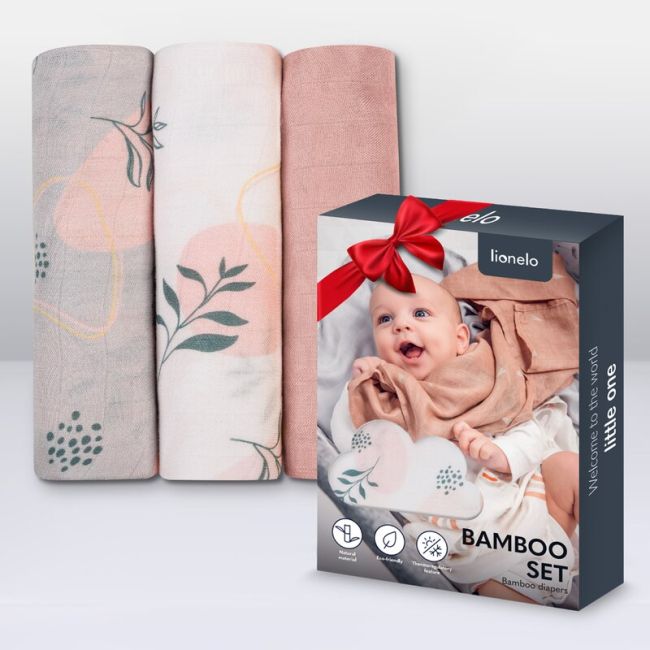 Set 3 museline, Lionelo, Leaf, Multifunctionale, Din bambus, Ideale pentru infasat, Cu proprietati antibacteriene, antifungice si antialergice, Lavabile la masina de spalat, 70x70 cm, Multicolor BYNLO-BAMBOO_SET_LEAF