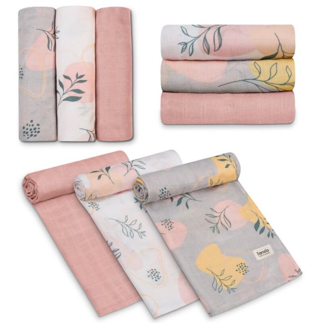 Set 3 museline, Lionelo, Leaf, Multifunctionale, Din bambus, Ideale pentru infasat, Cu proprietati antibacteriene, antifungice si antialergice, Lavabile la masina de spalat, 70x70 cm, Multicolor BYNLO-BAMBOO_SET_LEAF