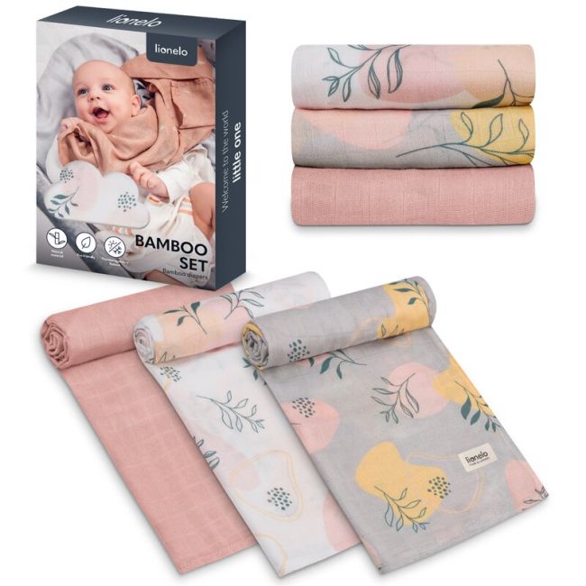 Set 3 museline, Lionelo, Leaf, Multifunctionale, Din bambus, Ideale pentru infasat, Cu proprietati antibacteriene, antifungice si antialergice, Lavabile la masina de spalat, 70x70 cm, Multicolor BYNLO-BAMBOO_SET_LEAF
