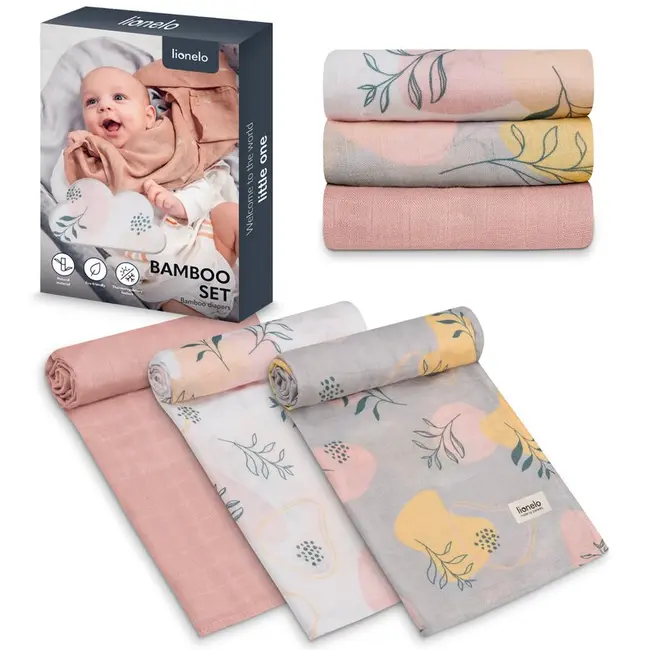 Set 3 museline, Lionelo, Leaf, Multifunctionale, Din bambus, Ideale pentru infasat, Cu proprietati antibacteriene, antifungice si antialergice, Lavabile la masina de spalat, 70x70 cm, Multicolor BYNLO-BAMBOO_SET_LEAF
