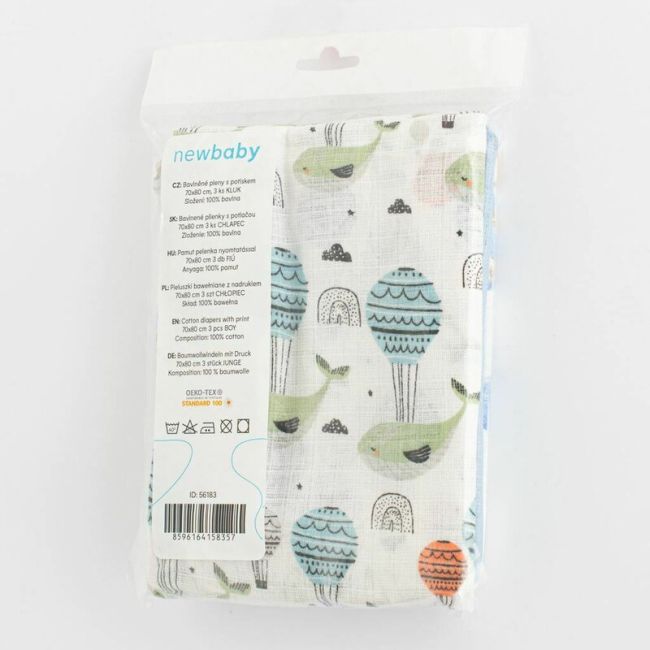 Set 3 scutece, New Baby, Multifunctionale, Din bumbac 100%, Material certificate Oeko Tex Standard 10070x80 cm, Multicolor, Boy BYN56183