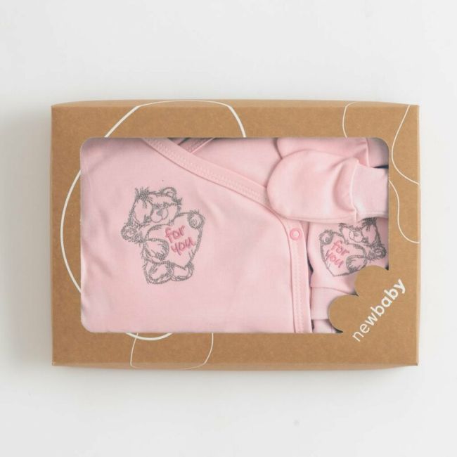 Set 5 piese, New Baby, Include Salopeta fara maneci, jacheta, body cu maneca lunga, caciulita, manusi, Marime 56, Din bumbac 100%, Classic Pink BYN49991