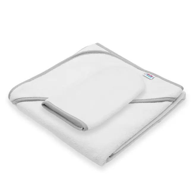 Set prosop cu gluga si manusa baie, New Baby, Dimensiune 80 x 80 cm, Basic, White-gray BYN56245