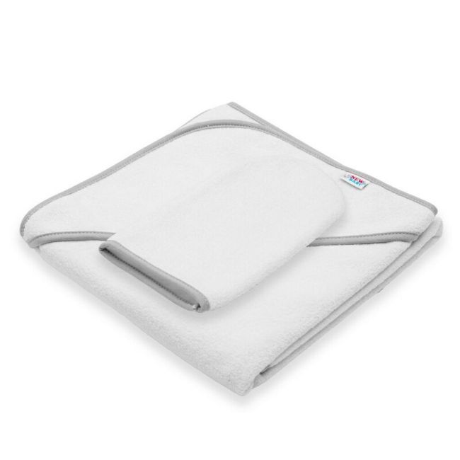 Set prosop cu gluga si manusa baie, New Baby, Dimensiune 80 x 80 cm, Basic, White-gray BYN56245