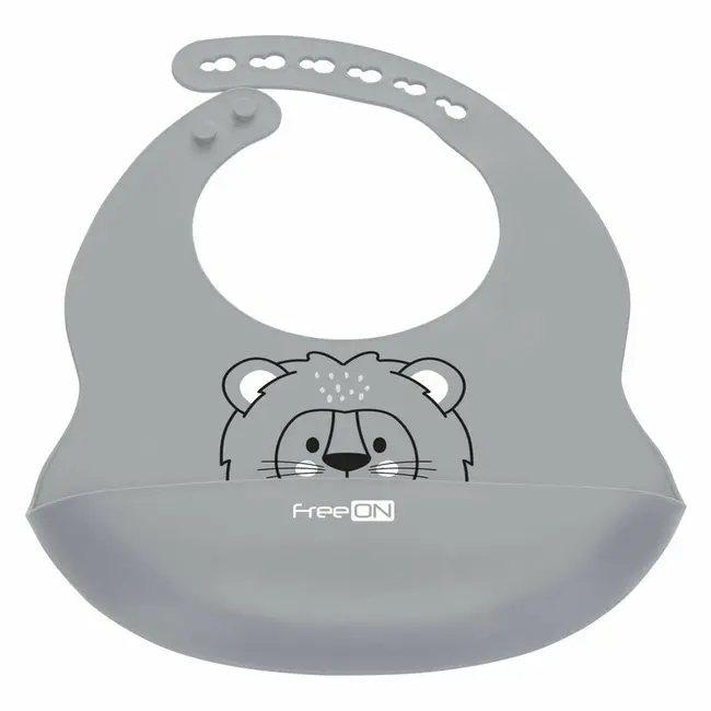 Baveta, FreeON, Moale, Din silicon, Fara BPA, Cu buzunar, 31 x 24 cm, Lion Grey BYN49430