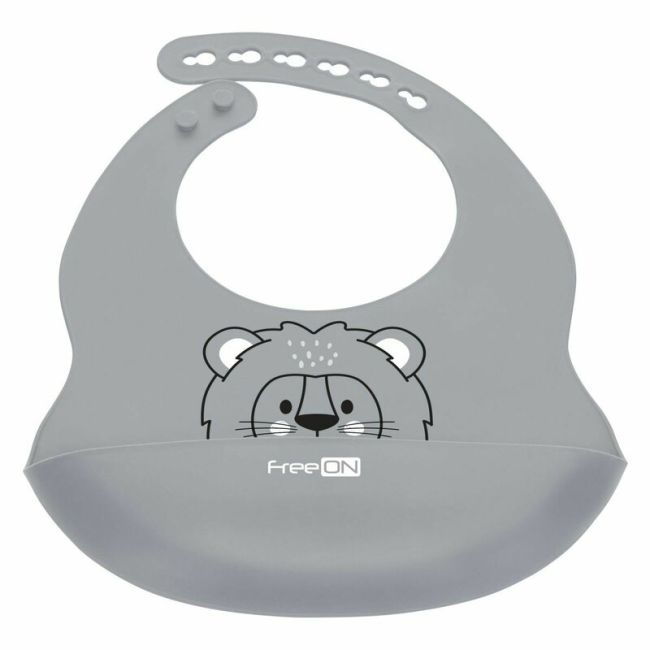 Baveta, FreeON, Moale, Din silicon, Fara BPA, Cu buzunar, 31 x 24 cm, Lion Grey BYN49430