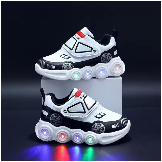 Adidasi albi cu negru cu luminite - car mbc-29-3-c