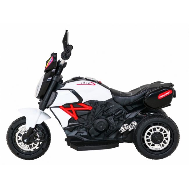 Motocicleta electrica fast tourist, roti din plastic, scaun tapitat, 83x35x63 cm, putere 18w - alb edeedipa.blj818.bia