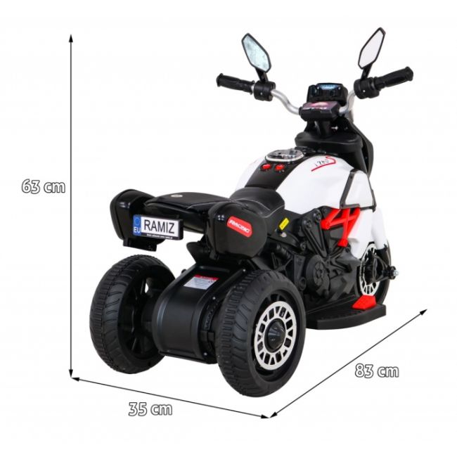 Motocicleta electrica fast tourist, roti din plastic, scaun tapitat, 83x35x63 cm, putere 18w - alb edeedipa.blj818.bia