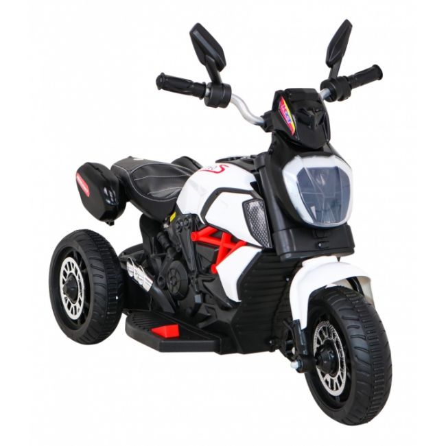 Motocicleta electrica fast tourist, roti din plastic, scaun tapitat, 83x35x63 cm, putere 18w - alb edeedipa.blj818.bia