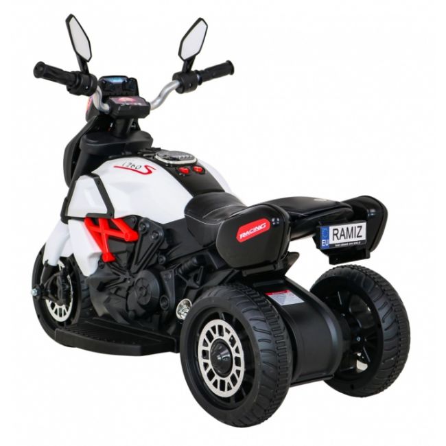 Motocicleta electrica fast tourist, roti din plastic, scaun tapitat, 83x35x63 cm, putere 18w - alb edeedipa.blj818.bia