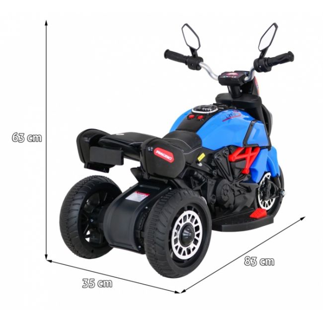 Motocicleta electrica fast tourist, roti din plastic, scaun tapitat, 83x35x63 cm, putere 18w - albastru edeedipa.blj818.nie
