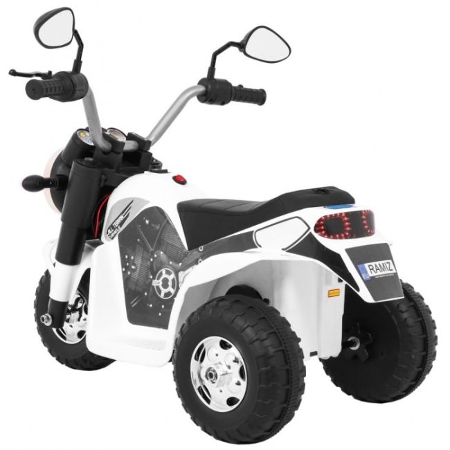 Motocicleta electrica minibike, roti din plastic, scaun tapitat, 71x53x57 cm, putere 6v - alb edeedipa.jc916.bia