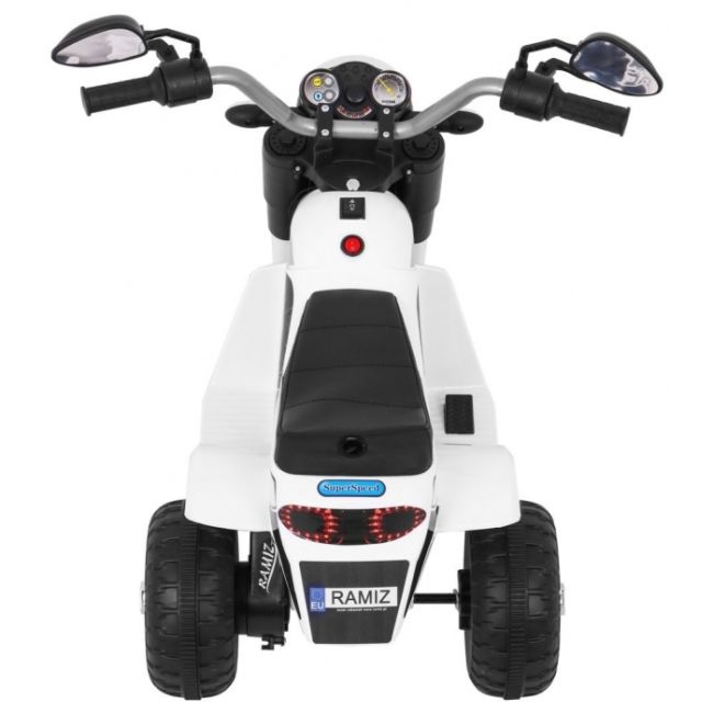 Motocicleta electrica minibike, roti din plastic, scaun tapitat, 71x53x57 cm, putere 6v - alb edeedipa.jc916.bia