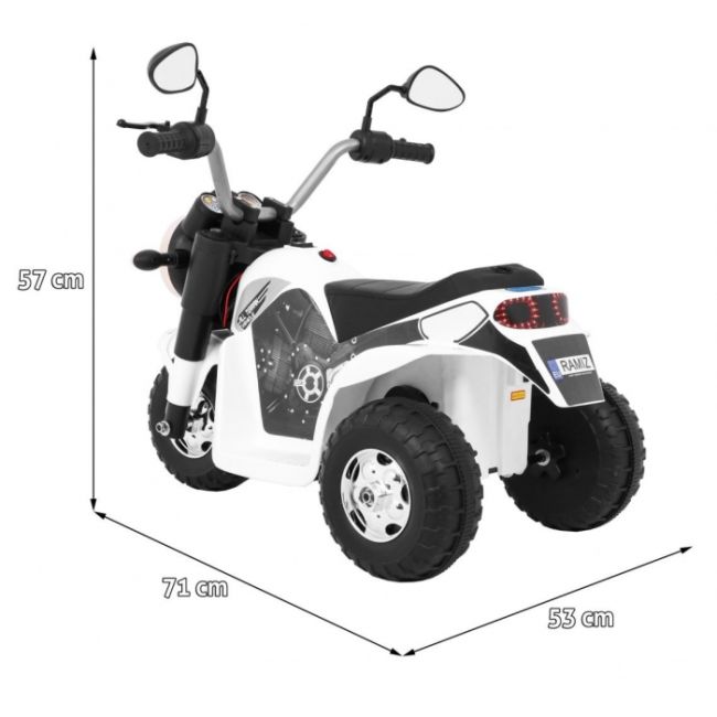 Motocicleta electrica minibike, roti din plastic, scaun tapitat, 71x53x57 cm, putere 6v - alb edeedipa.jc916.bia