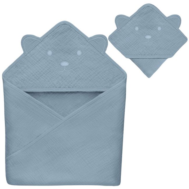 Prosop de baie, Lionelo, Cu gluga, Din muselina, 100% bumbac, 80x80 cm, Absorbtie eficienta, Albastru BYNLO-MUSLIN_HOODED_TOWEL_GREY_SKY