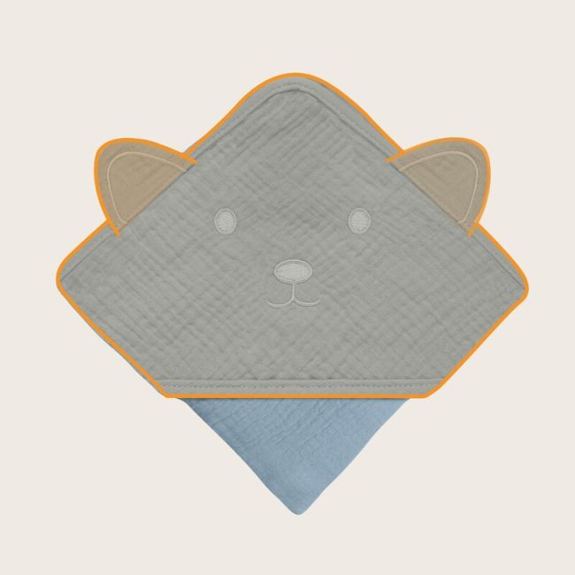 Prosop de baie, Lionelo, Cu gluga, Din muselina, 100% bumbac, 80x80 cm, Absorbtie eficienta, Albastru BYNLO-MUSLIN_HOODED_TOWEL_GREY_SKY