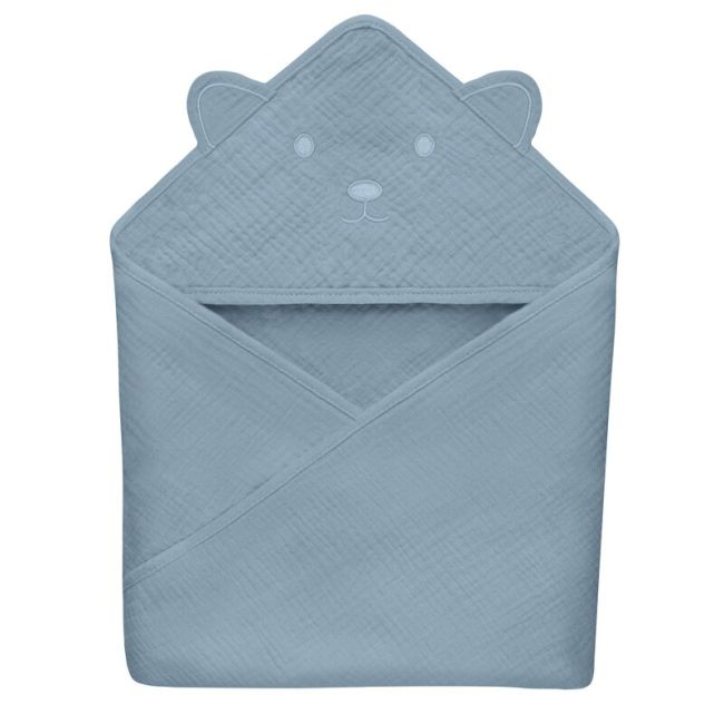 Prosop de baie, Lionelo, Cu gluga, Din muselina, 100% bumbac, 80x80 cm, Absorbtie eficienta, Albastru BYNLO-MUSLIN_HOODED_TOWEL_GREY_SKY