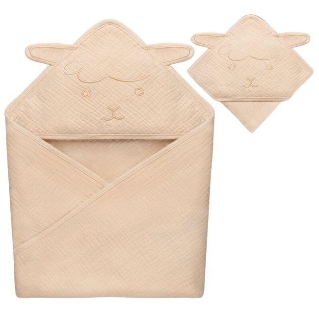 Prosop de baie, Lionelo, Cu gluga, Din muselina, 100% bumbac, 80x80 cm, Absorbtie eficienta, Bej deschis BYNLO-MUSLIN_HOODED_TOWEL_BEIGE_SAND