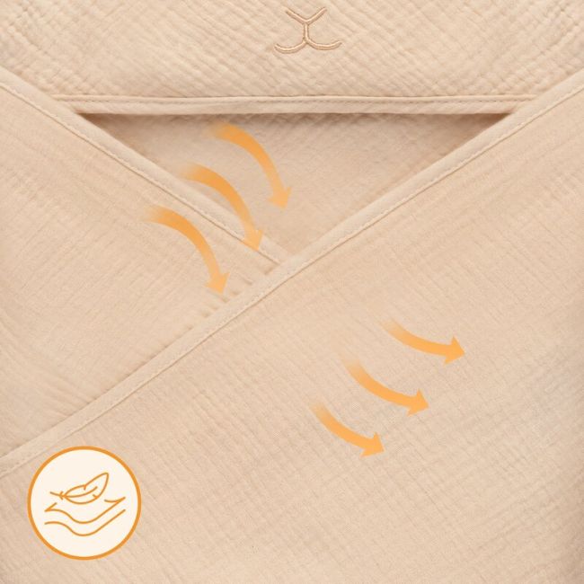 Prosop de baie, Lionelo, Cu gluga, Din muselina, 100% bumbac, 80x80 cm, Absorbtie eficienta, Bej deschis BYNLO-MUSLIN_HOODED_TOWEL_BEIGE_SAND
