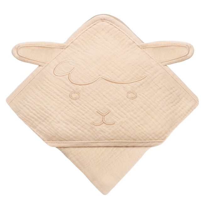 Prosop de baie, Lionelo, Cu gluga, Din muselina, 100% bumbac, 80x80 cm, Absorbtie eficienta, Bej deschis BYNLO-MUSLIN_HOODED_TOWEL_BEIGE_SAND