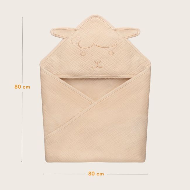 Prosop de baie, Lionelo, Cu gluga, Din muselina, 100% bumbac, 80x80 cm, Absorbtie eficienta, Bej deschis BYNLO-MUSLIN_HOODED_TOWEL_BEIGE_SAND