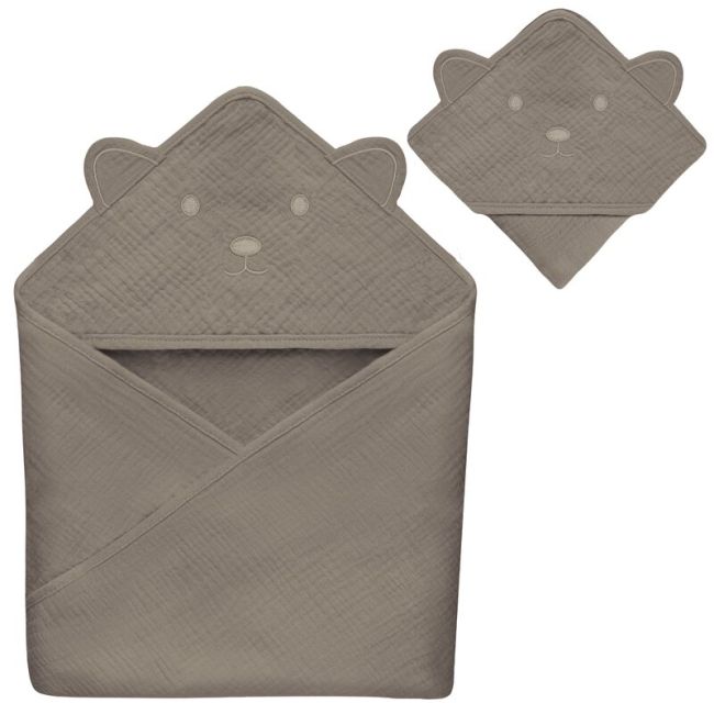 Prosop de baie, Lionelo, Cu gluga, Din muselina, 100% bumbac, 80x80 cm, Absorbtie eficienta, Bej inchis BYNLO-MUSLIN_HOODED_TOWEL_BEIGE_CAPPUCCINO