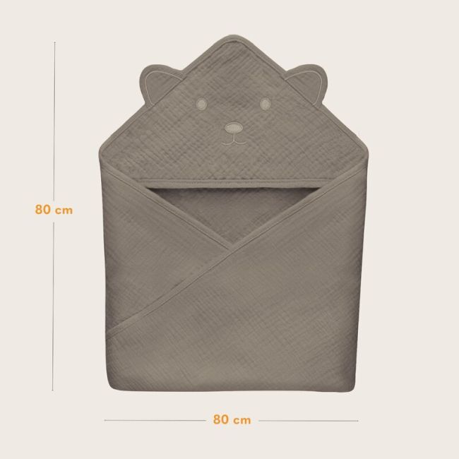 Prosop de baie, Lionelo, Cu gluga, Din muselina, 100% bumbac, 80x80 cm, Absorbtie eficienta, Bej inchis BYNLO-MUSLIN_HOODED_TOWEL_BEIGE_CAPPUCCINO