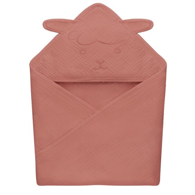 Prosop de baie, Lionelo, Cu gluga, Din muselina, 100% bumbac, 80x80 cm, Absorbtie eficienta, Rosu BYNLO-MUSLIN_HOODED_TOWEL_RED_CORAL