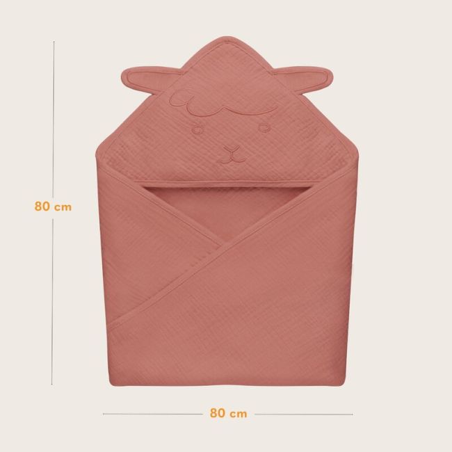 Prosop de baie, Lionelo, Cu gluga, Din muselina, 100% bumbac, 80x80 cm, Absorbtie eficienta, Rosu BYNLO-MUSLIN_HOODED_TOWEL_RED_CORAL