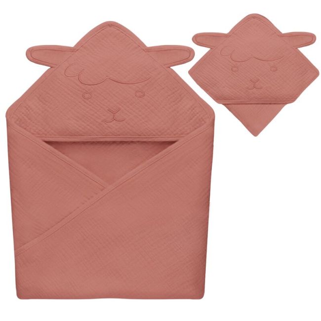 Prosop de baie, Lionelo, Cu gluga, Din muselina, 100% bumbac, 80x80 cm, Absorbtie eficienta, Rosu BYNLO-MUSLIN_HOODED_TOWEL_RED_CORAL