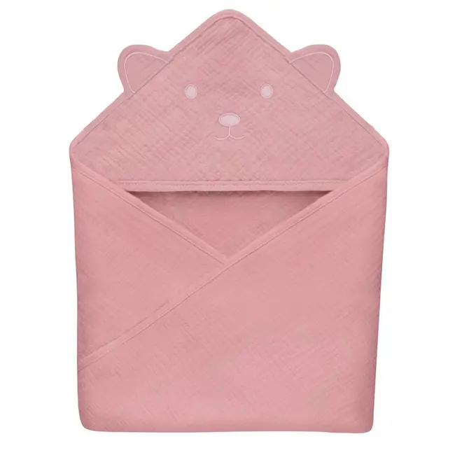 Prosop de baie, Lionelo, Cu gluga, Din muselina, 100% bumbac, 80x80 cm, Absorbtie eficienta, Roz BYNLO-MUSLIN_HOODED_TOWEL_PINK_BABY