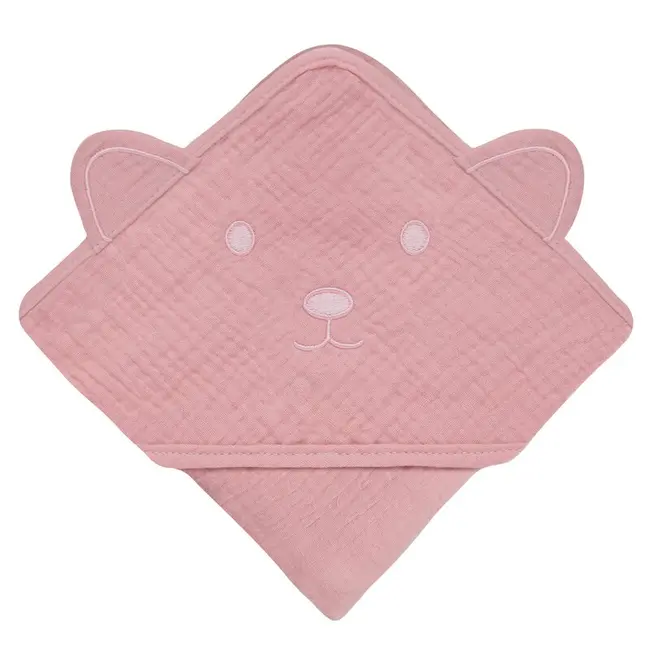 Prosop de baie, Lionelo, Cu gluga, Din muselina, 100% bumbac, 80x80 cm, Absorbtie eficienta, Roz BYNLO-MUSLIN_HOODED_TOWEL_PINK_BABY