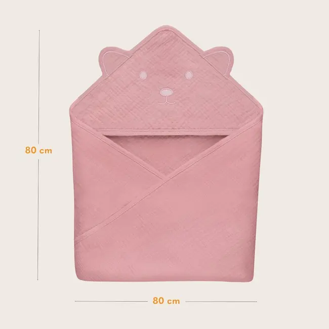 Prosop de baie, Lionelo, Cu gluga, Din muselina, 100% bumbac, 80x80 cm, Absorbtie eficienta, Roz BYNLO-MUSLIN_HOODED_TOWEL_PINK_BABY