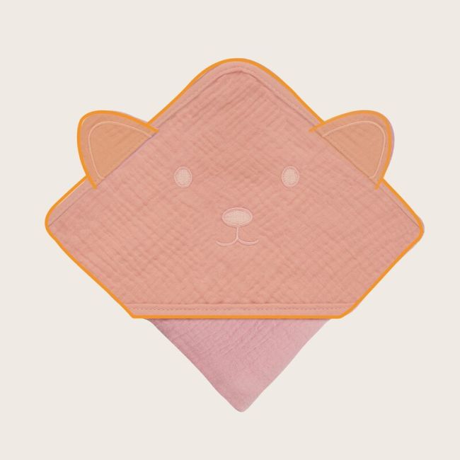 Prosop de baie, Lionelo, Cu gluga, Din muselina, 100% bumbac, 80x80 cm, Absorbtie eficienta, Roz BYNLO-MUSLIN_HOODED_TOWEL_PINK_BABY
