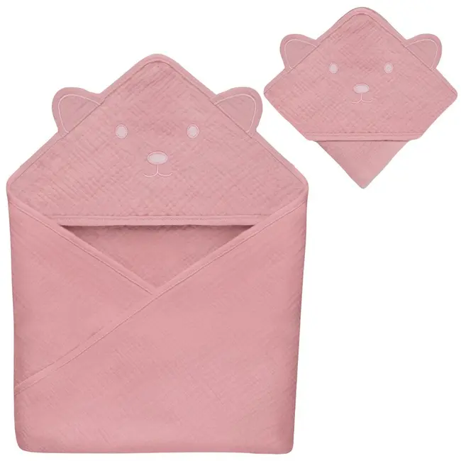 Prosop de baie, Lionelo, Cu gluga, Din muselina, 100% bumbac, 80x80 cm, Absorbtie eficienta, Roz BYNLO-MUSLIN_HOODED_TOWEL_PINK_BABY