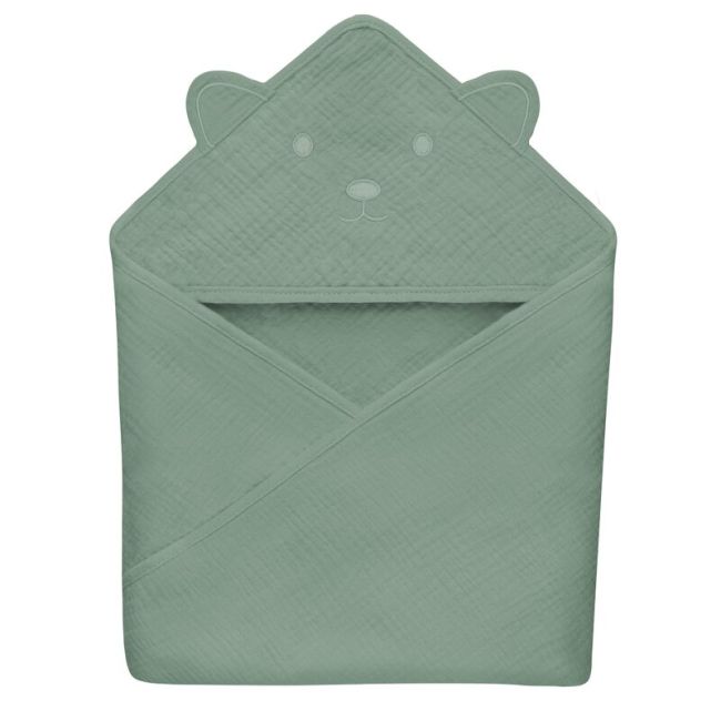 Prosop de baie, Lionelo, Cu gluga, Din muselina, 100% bumbac, 80x80 cm, Absorbtie eficienta, Verde BYNLO-MUSLIN_HOODED_TOWEL_GREEN_FOREST